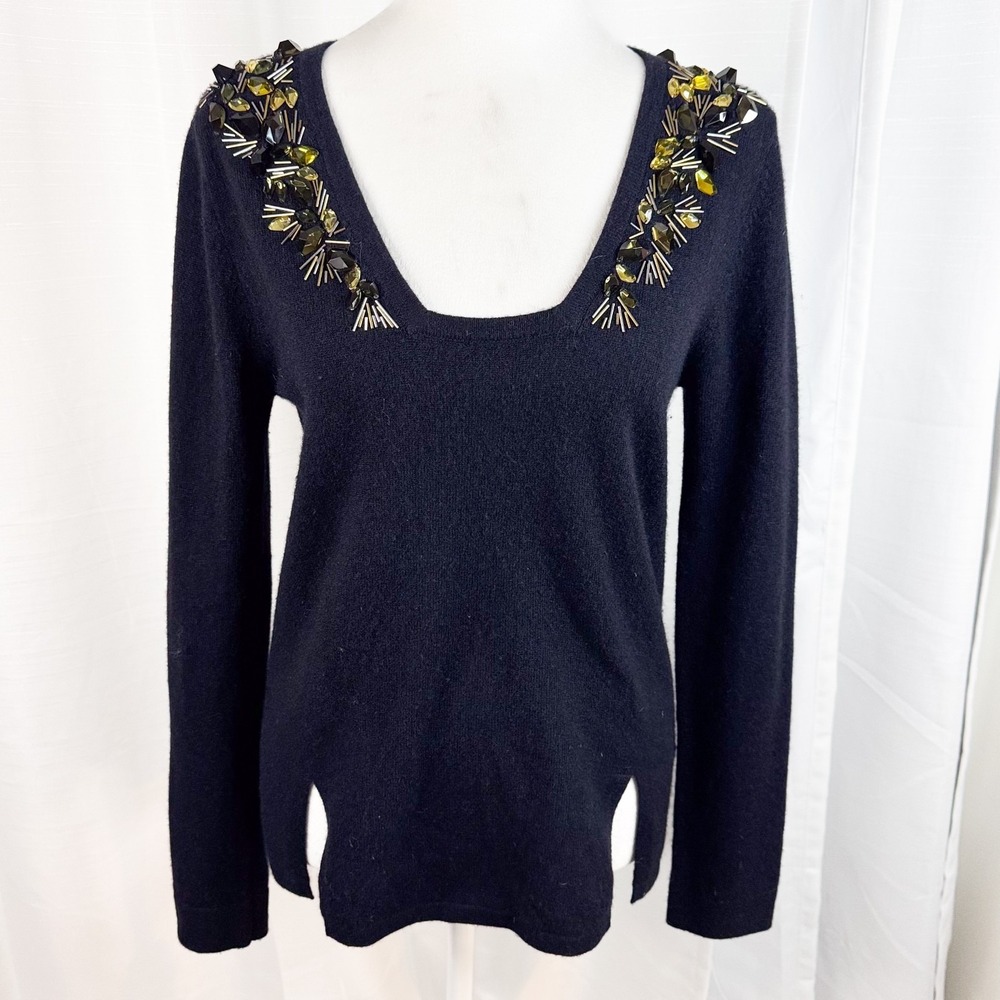CIL Cashmere in Love Sweater S 100% Cashmere Embellished Neckline Beaded Navy